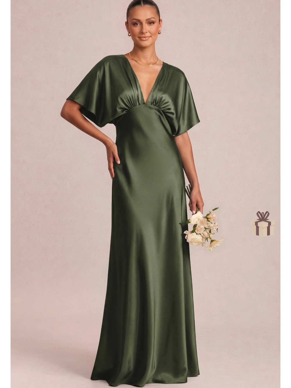 Anthropologie Olive Green Satin V-Neck Maxi Dress